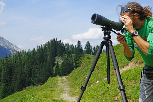 Ein Mann schaut durch sein Teleskop einer Steinadlerwanderung im Naturpark Karwendel zu.
