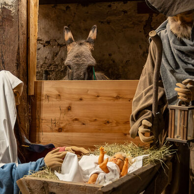 Die Krippe im Heimatmuseum Sixenhof Das Bild zeigt eine Weihnachtskrippe im Heimatmuseum Sixenhof in Achenkirch mit Figuren von Maria, Josef und einem Neugeborenen im Stroh. Im Hintergrund ist ein Esel zu sehen.