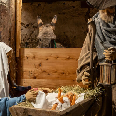 The picture shows a nativity scene in the history museum Sixenhof in Achenkirch with figures of Mary, Joseph and a newborn baby in straw. A donkey can be seen in the background.