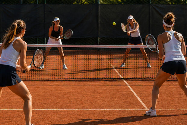 Tennismatch am Achensee Vier Damen spielen ein Doppelmatch auf einem Tennis-Sandplatz am Achensee. Zwei Teams stehen sich an beiden Seiten des Netzes gegenüber und spielen einen Ballwechsel.