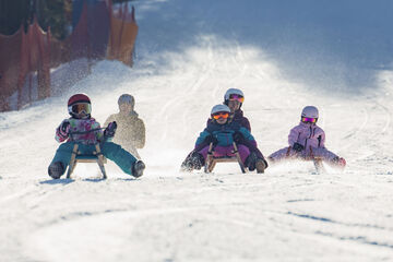 Bei herrlichem Wetter saust eine Familie die Rodelbahn in Achenkirch hinunter. Die Landschaft ist schneebedeckt.