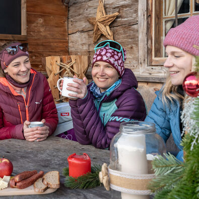 Eine Gruppe von Freundinnen genießt Tee und eine kleine Brettljause auf der Terrasse einer Hütte.