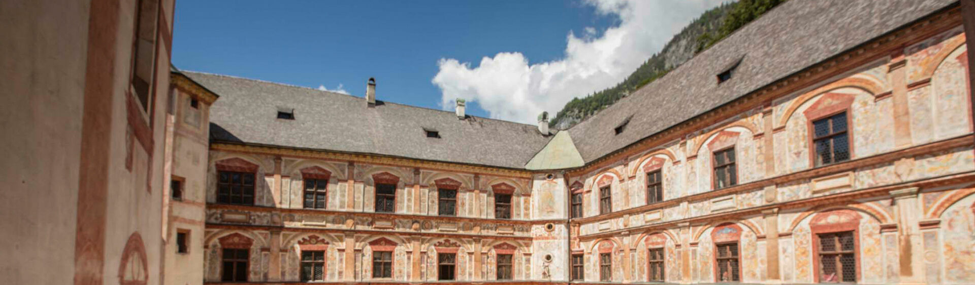 The courtyard of the Tratzberg Castle. Located near Schwaz, the fairy tale castle towers majestically above the valley.