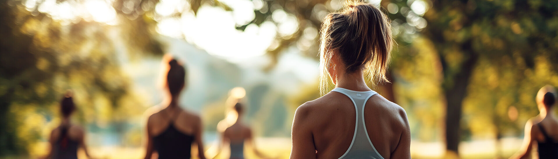 Yoga im Freien Eine Gruppe von Frauen praktiziert im Freien Yoga. Die Hauptperson sitzt im Lotussitz mit geschlossenen Augen und meditierendem Ausdruck. Sie trägt ein weißes Oberteil und schwarze Leggings. Die Umgebung ist grün und sonnig, was eine entspannte Atmosphäre schafft.