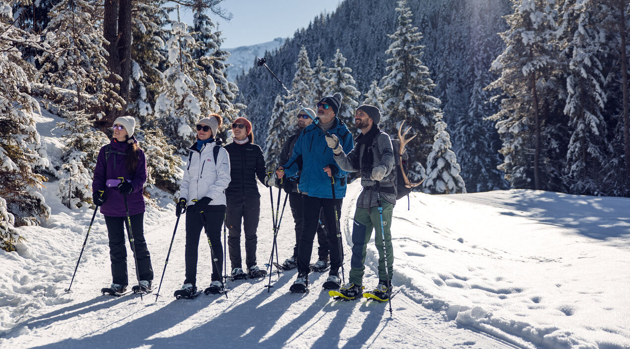 Bei einer geführten Wanderung in die Karwendeltäler erlebt eine Gruppe einen herrlichen Wintertag und erkundet die Region mit Schneeschuhen.