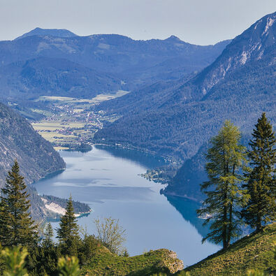 The Bärenkopf in the Nature Park Karwendel affords spectacular views of Lake Achensee and its surrounding villages.