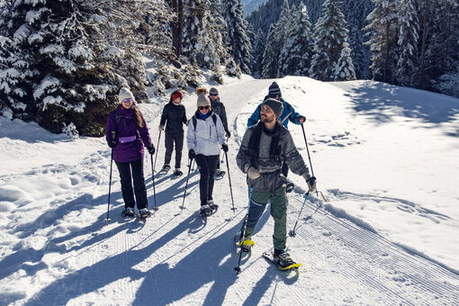A group enjoys a beautiful winter's day while exploring the region on a guided snowshoe tour.