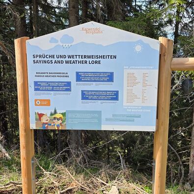 Eine Informationstafel des Wetter-Rundwanderwegs steht am Waldrand zwischen hohen Nadelbäumen. Die Tafel trägt den Titel „Sprüche und Wetterweisheiten“ und informiert über Bauernregeln und Wetterphänomene. Im oberen Bereich sind Symbole für Sonne und Regen zu sehen.
