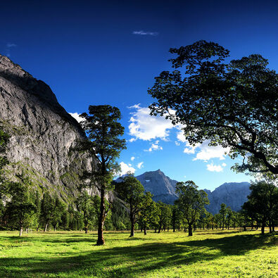 Der Panoramablick über den Ahornboden und seine Berglandschaft.