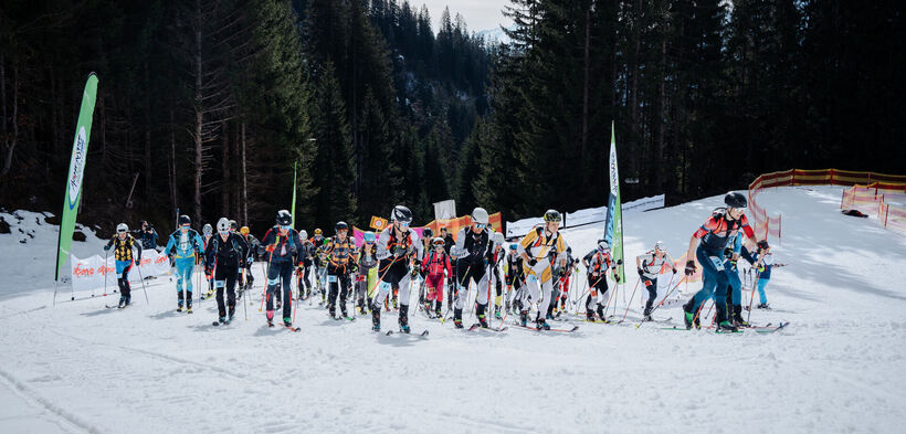 A group of skiers is participating in a race in a snowy mountain area, surrounded by pine trees. They are wearing winter sports gear and equipment, moving forward in a line, ready to compete. Colorful banners mark the event location in the background.