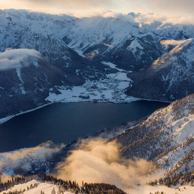 View of the snow-covered village of Pertisau which lies on the western shore of Lake Achensee. 