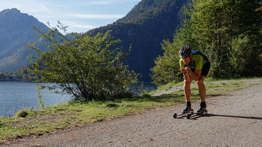 Roller skiing at Lake Achensee The region boasts a diverse network of trails suitable for roller skiing.