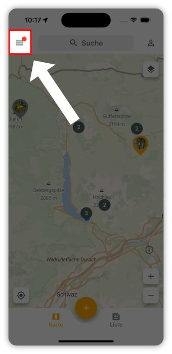 Eine Smartphone-Bildschirmansicht zeigt eine Kartenanwendung. Oben links befindet sich ein rotes Menü-Symbol, das für Optionen oder Einstellungen steht. Im Hintergrund sind eine Karte und mehrere Symbolmarkierungen sichtbar, die verschiedene Standorte anzeigen.