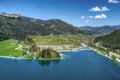 Aerial view of the village of Achenkirch which is located at Lake Achensee.