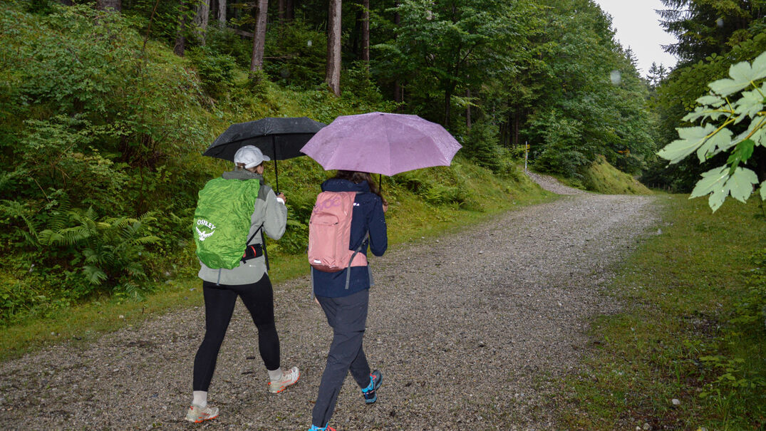 Wandern bei Regenwetter Zwei Frauen unternehmen eine kleine Wanderung am Besinnungsweg in Pertisau, mit Regenschirm, und genießen ihren Ausflug trotz des durchwachsenen Wetters.
