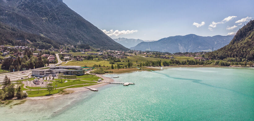 Aerial view of the Atoll Achensee in brilliant sunshine.