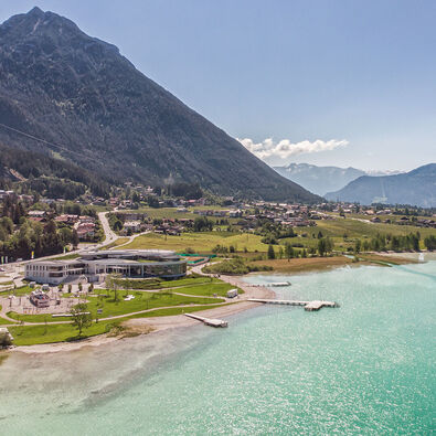 Aerial view of the Atoll Achensee in brilliant sunshine.