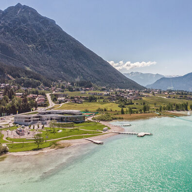 Aerial view of the Atoll Achensee in brilliant sunshine.