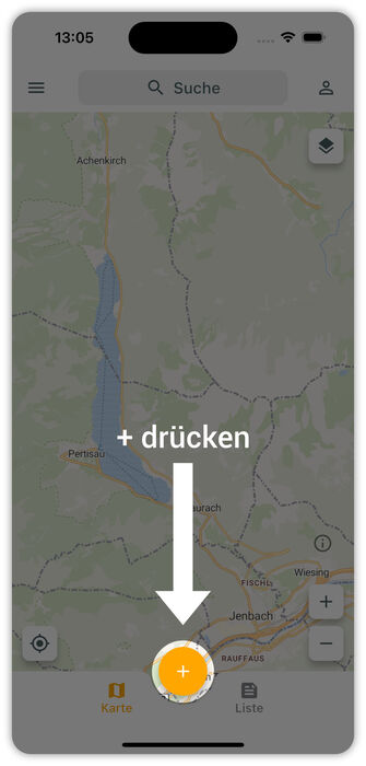 Auf dem Bildschirm ist eine digitale Karte mit einem hervorgehobenen gelben Plus-Symbol in der Mitte. Eine Pfeilgrafik zeigt nach unten zur Schaltfläche, um anzuzeigen, dass man darauf tippen soll.