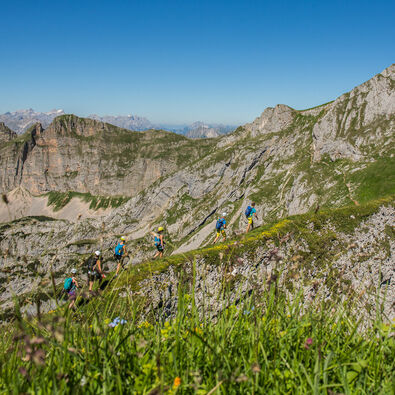 Via ferrata enthusiasts will find numerous routes in the Rofan mountains. A group is just on the way towards the Hochiss mountain.