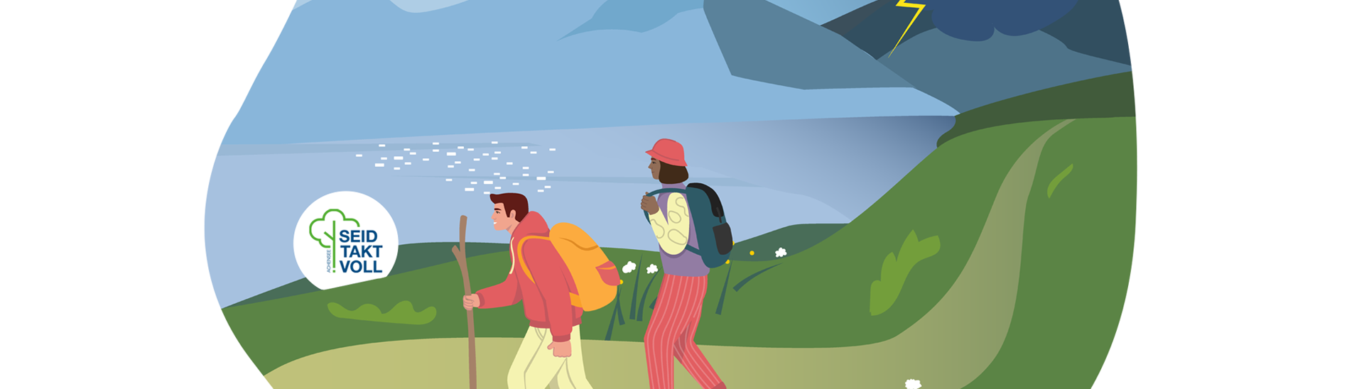Graphik Tourenplanung Die Grafik Taktvoll am Achensee zeigt zwei Wanderer bei einer Tour während eines Gewitters. Wir möchten an dieser Stelle auf die richtige Tourenplanung hinweisen.