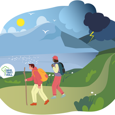 The graphic Taktvoll am Achensee shows two hikers on a tour during a thunderstorm. We would like to take this opportunity to emphasise the importance of correct tour planning.