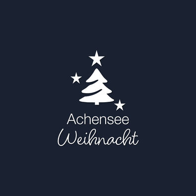 A stylized Christmas tree graphic is centered above the text Achensee Christmas. The background is a deep navy blue, creating a festive and inviting atmosphere.