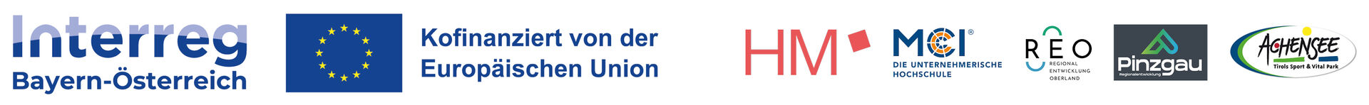 Die Grafik enthält Logos von verschiedenen Organisationen und Projekten, darunter Interreg Bayern-Österreich, EU-Kofinanzierung, HM, MCI, REO, Pinzgau und Achensee.}