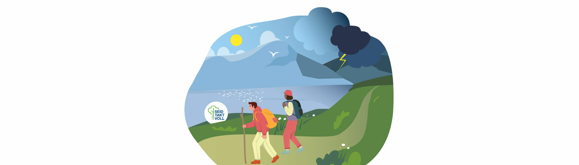 Graphik Tourenplanung Die Grafik Taktvoll am Achensee zeigt zwei Wanderer bei einer Tour während eines Gewitters. Wir möchten an dieser Stelle auf die richtige Tourenplanung hinweisen.