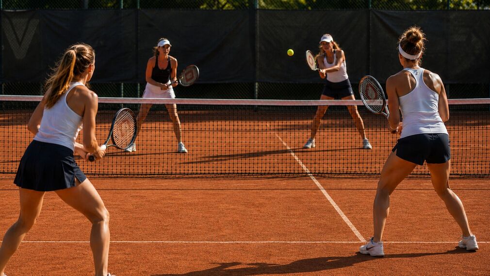 Tennis spielen - vier Spielerinnen bei einem Doppelmatch auf dem Tennis-Sandplatz.
