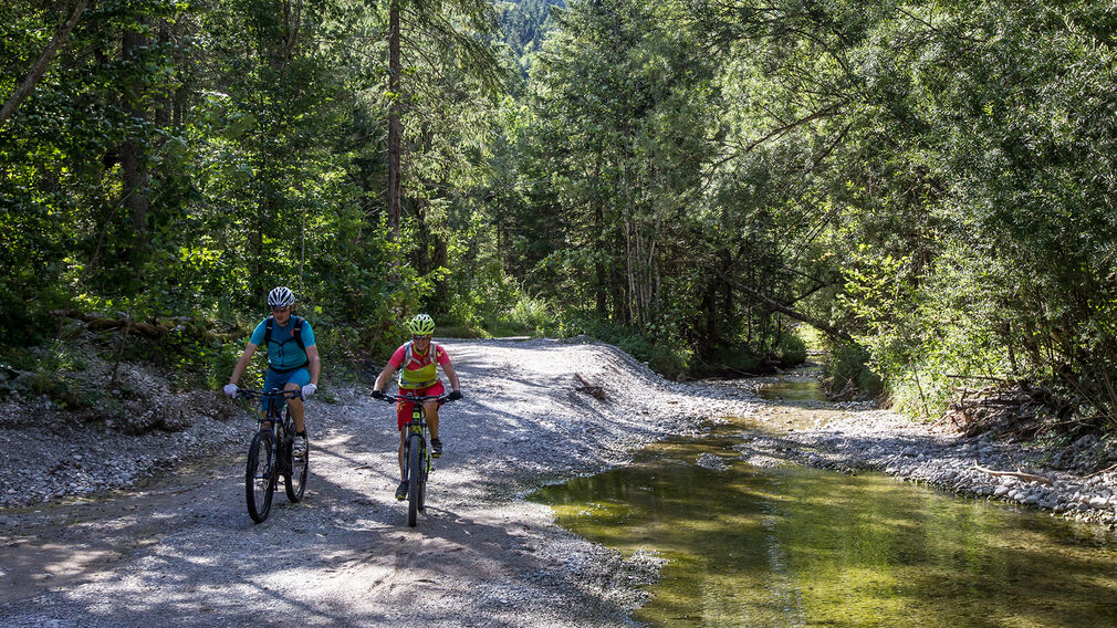 two mountain bikers - on the way on the Rotwandalm towards Bächental and Sylvensteinstausee