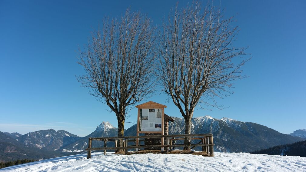 Die Falkenmoosalm in Achenkirch auf 1.328 m – im Hintergrund links der markante Guffertgipfel.