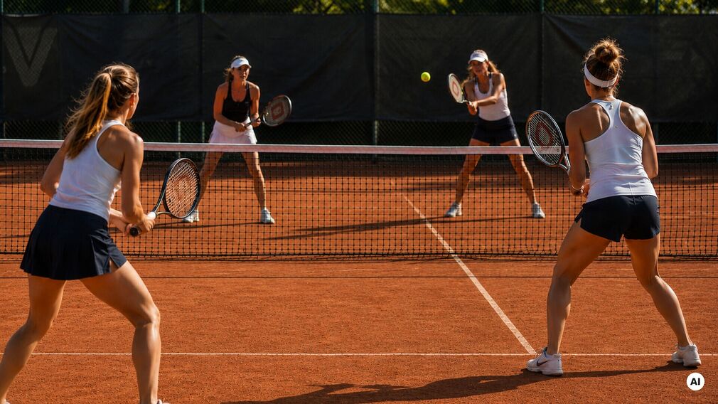 Play tennis – four women playing a doubles match on a clay tennis court.