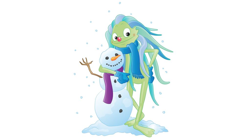 Achensee mascot Wusel the Water Spirit with a snowman